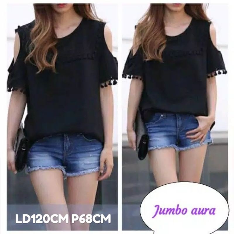 LD120 bahu bolong BLOUSE atasan bigsize jumbo Spandex rayon XXXL hitam