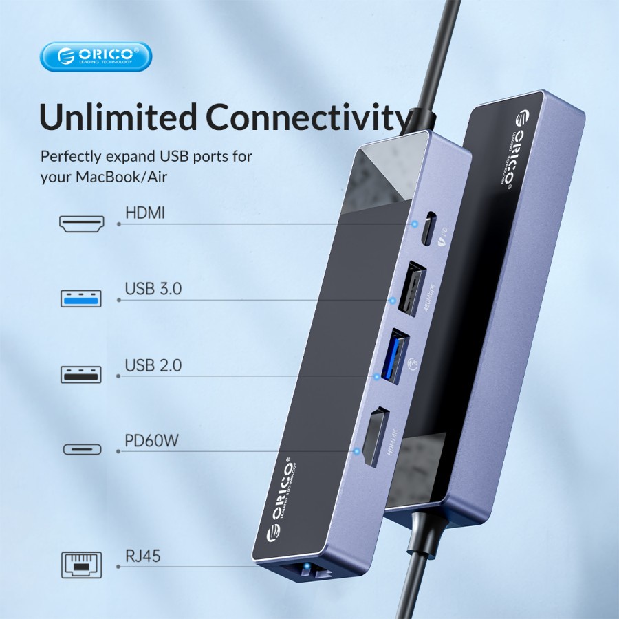 ORICO 5in1 Type C Hub USB 3.0 2.0 RJ45 PD 60W HDMI 4K 30Hz