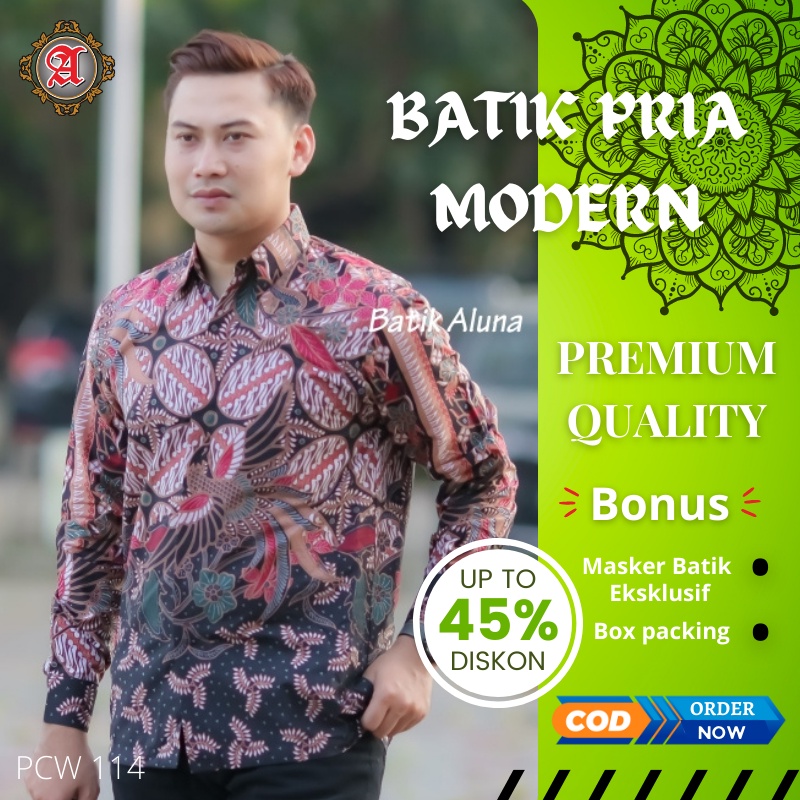 Baju Batik Solo Pria Lengan Panjang Lapis Furing Slim fit Modern Aluna Sragen Original Kemeja Kantor