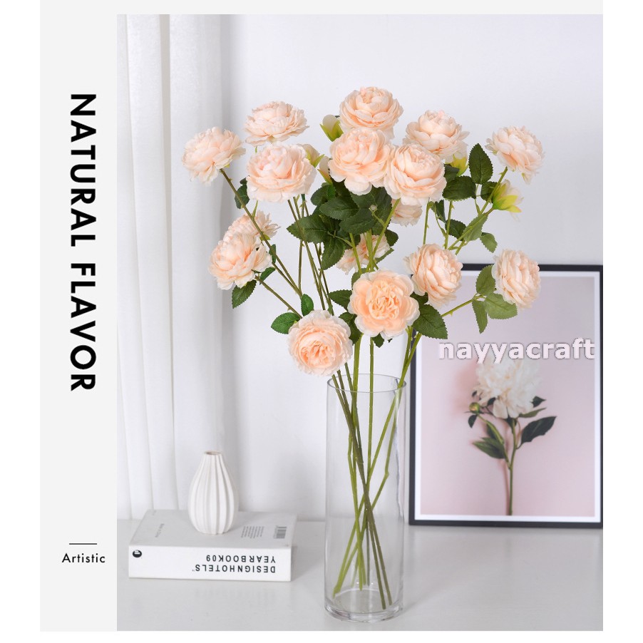 bunga peony artificial tangkai 3 cabang flower bunga artifisial Kepala bunga peony artifisial besar-4