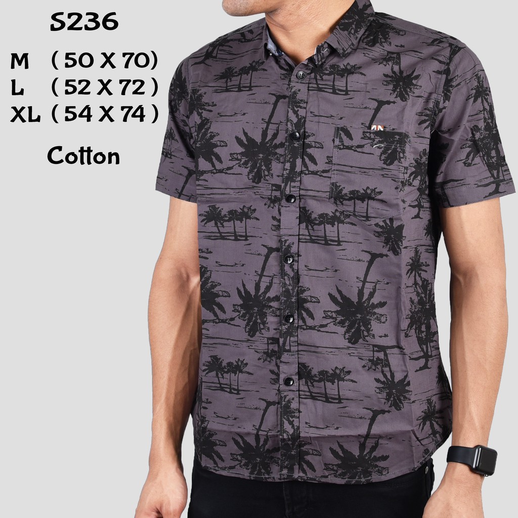 kemeja pria  S236 Baju Kemeja Kasual Pria Cowok Lengan Pendek Slimfit Abu Motif