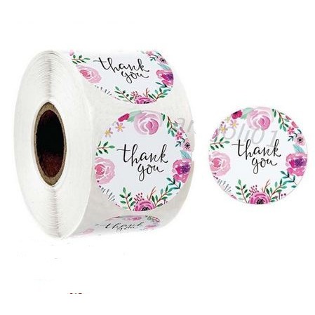 Paper Tags - 1&quot; Floral Round &quot;Thank You&quot; Sticker #03 (10 pcs)