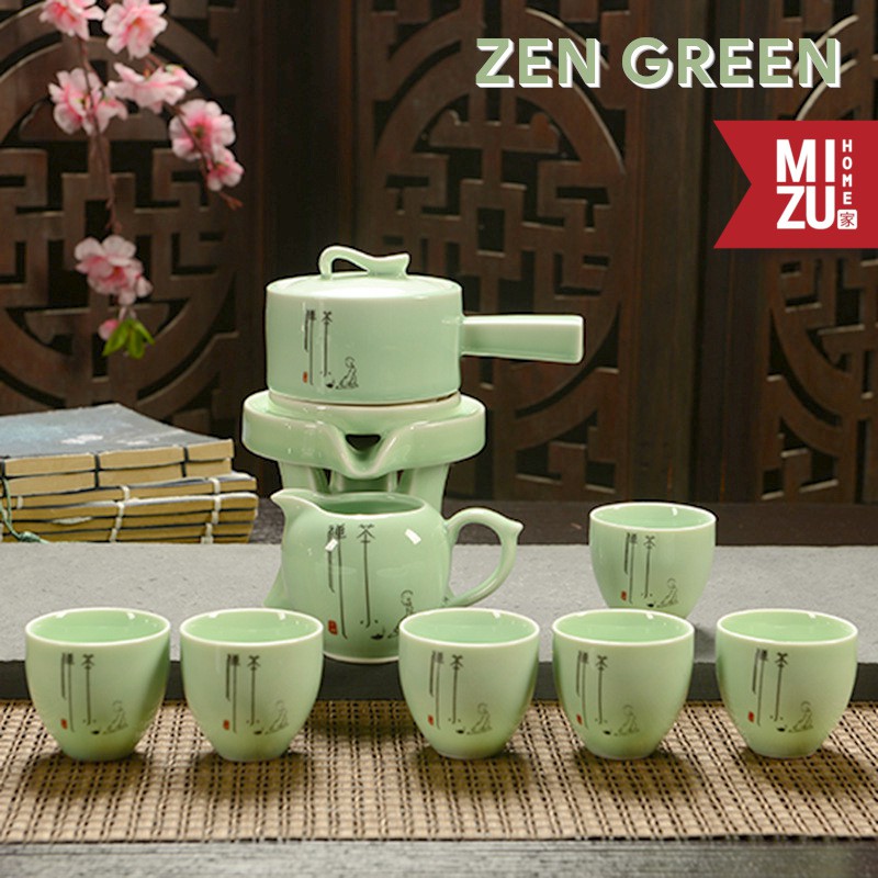 MIZU XINYANGCHA 9in1 Ceramic Rotating Stone Mill Pot Chinese Tea Set Teko 6 Cangkir Keramik-1