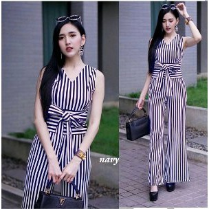 sq 1091 jp Vanessa js jumpsuit baju kodok hitam putih overall terusan celana panjang sexy wanita mu