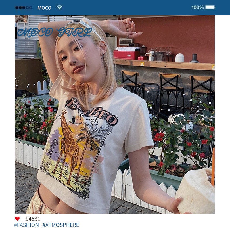kaos wanita korean style small short top model cropped eropa dan amerika sablon lengan pendek