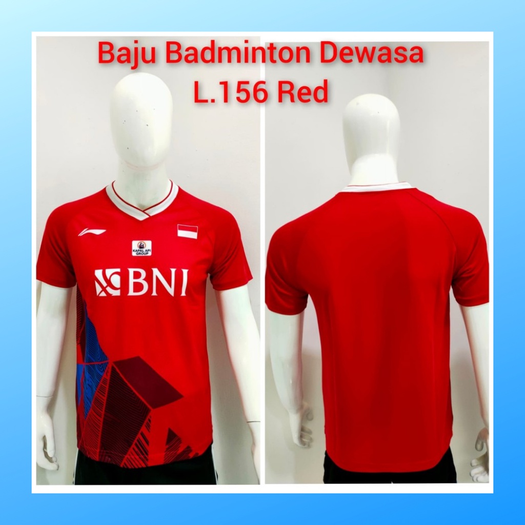 Kaos badminton pria jersey bulutangkis baju atasan jersy wanita dewasa t-shirt outfit seragam kostum olahraga casual suit pakaian jarsey oblong apparel sports jersi bulu tangkis L156 merah sponsor