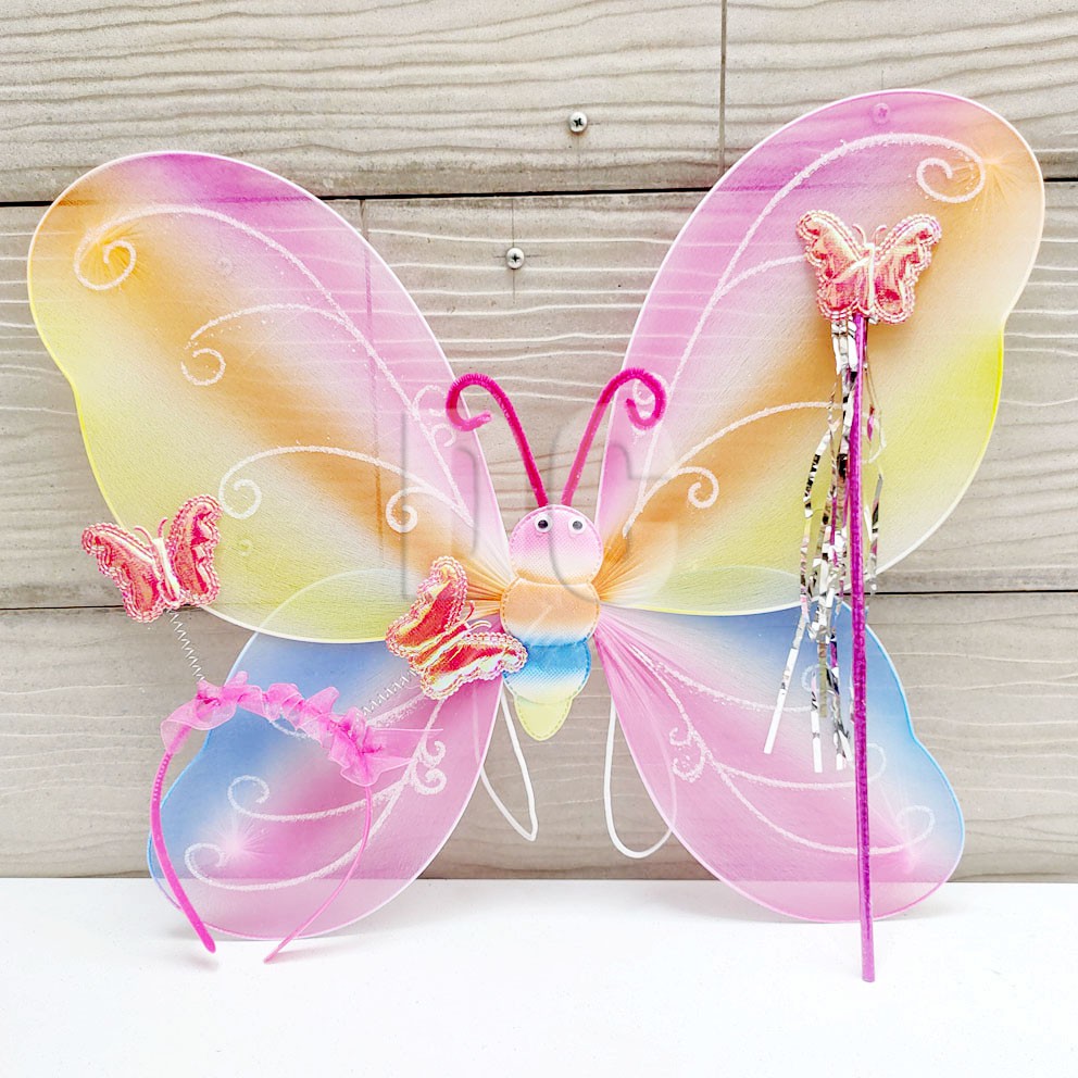 Sayap Kupu Pelangi Warna RANDOM Fairy Wings Bando &amp; Tongkat Belle Aurora Frozen Elsa Cinderella Snow White Tiana