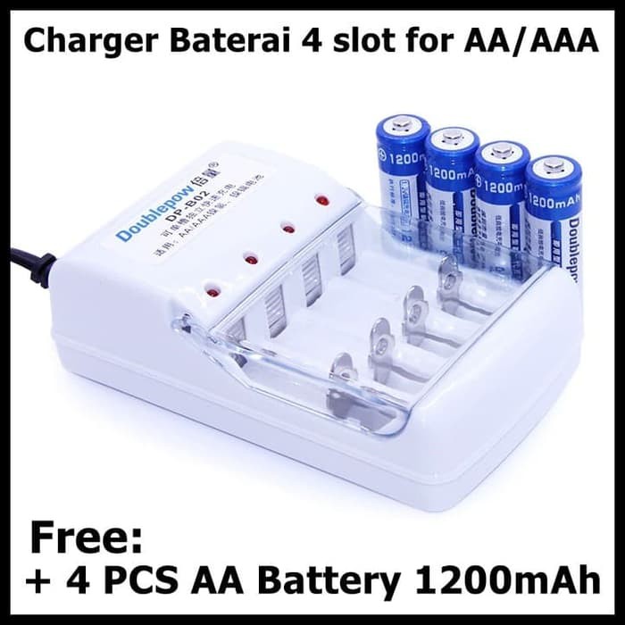 DOUBLEPOW Charger Baterai 4 slot for AA/AAA Plus Bonus 4 PCS AA Battery Cas Kapasitas 1200mAh