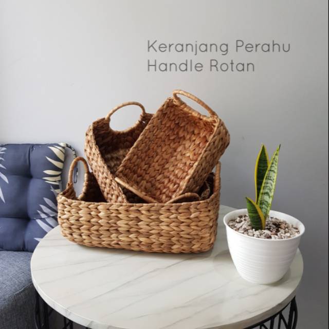 Nampan Tray Baki Enceng Gondok / Keranjang Basket  / Perahu Mini Handle Rotan F06