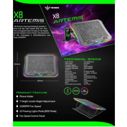 Cooling pad laptop gaming nyk 6 fan rgb adjustable panel control with stand holder phone artemis x-8 x8