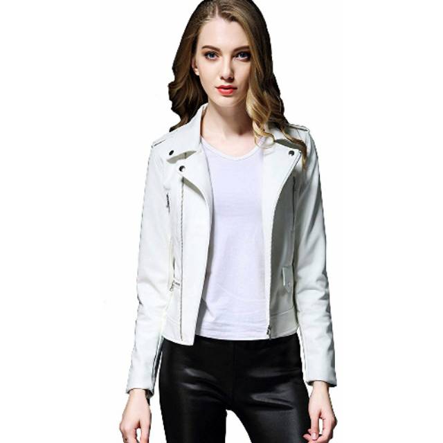 Jaket semi kulit wanita korea putih