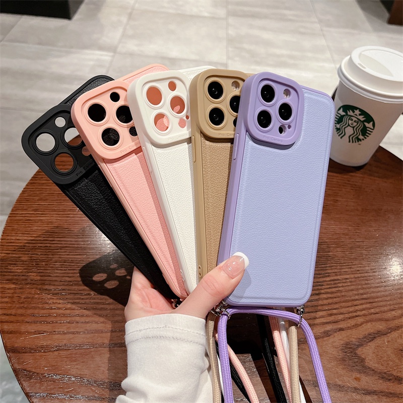 Case Bahan Kulit Warna Solid Dengan Lanyard Anti Hilang Untuk iPhone 13 12 11 Pro X XS MAX XR SE2 7 8 Plus