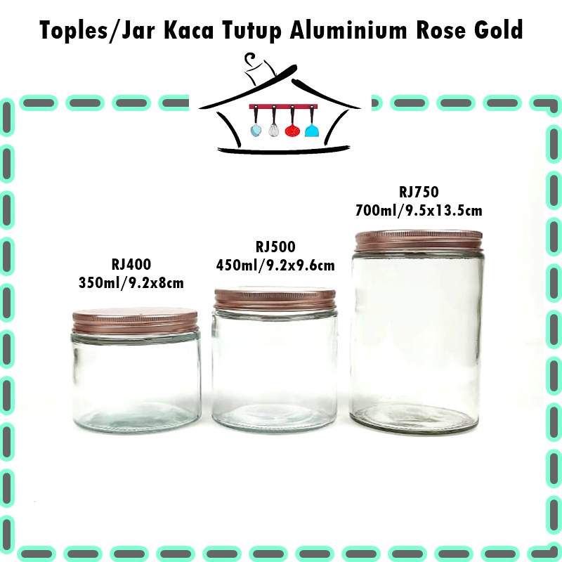 Toples/Jar Kaca Tutup Aluminium 450ml/350ml/200ml Silver dan Rose Gold CULLETPRIMA