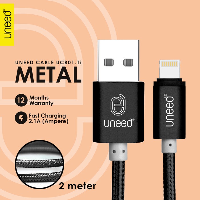 Uneed Metal Quick Charge and Data Cable Lightning IOS 2Meter - Black