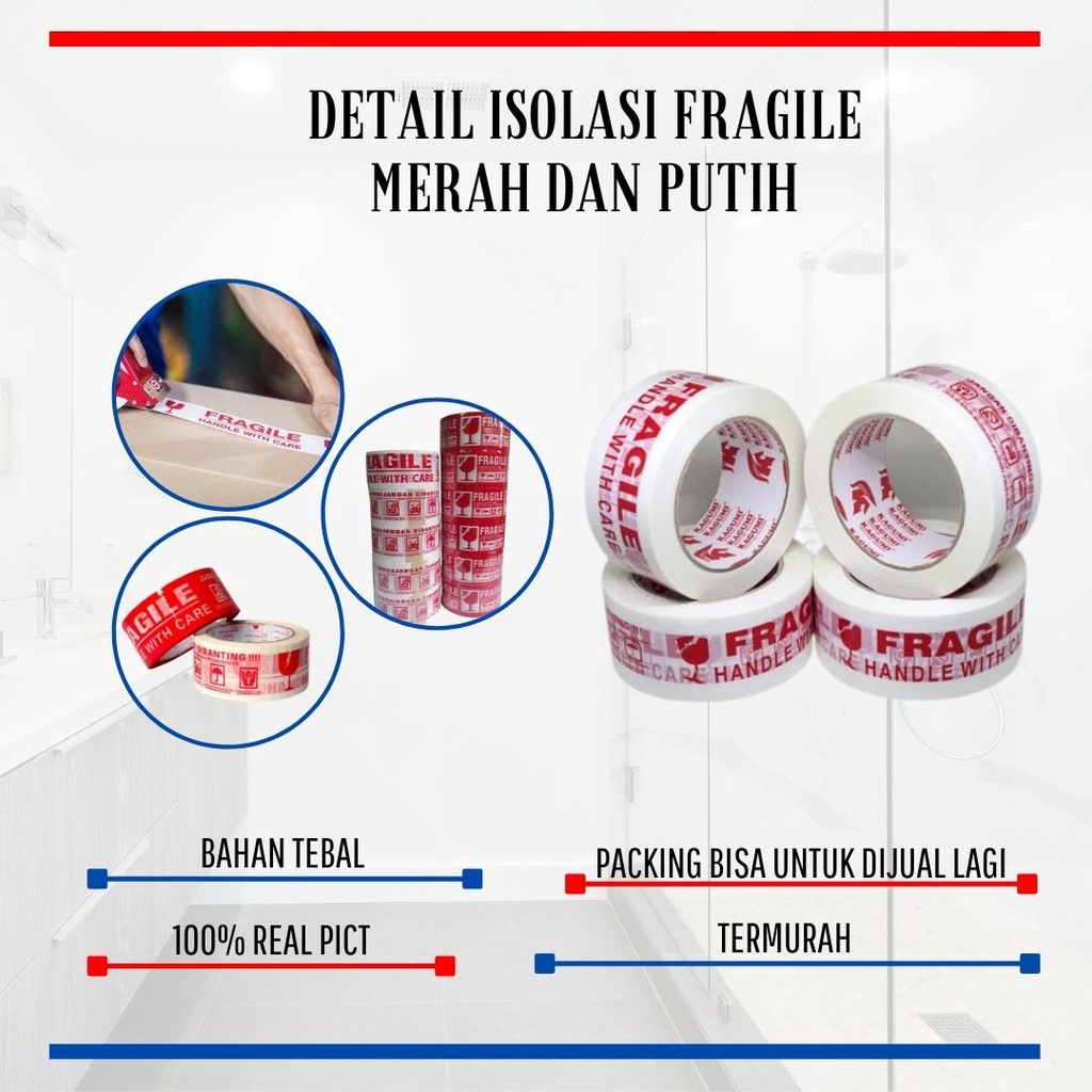 Lakban Fragile / Isolasi Fragile Packinging / Solasi Packing / Fragile Merah dan Fragile Putih