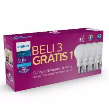 Lampu Led Philips Mycare 6 Watt Putih Multypack Beli 3 gratis 1