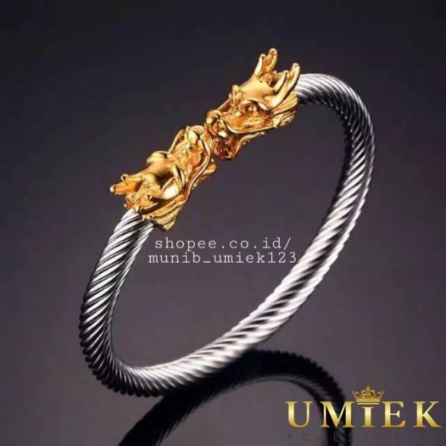 Gelang Titanium Naga Dragon silver putih kepala emas cowok cewek pria wanita cowo cewe asli original