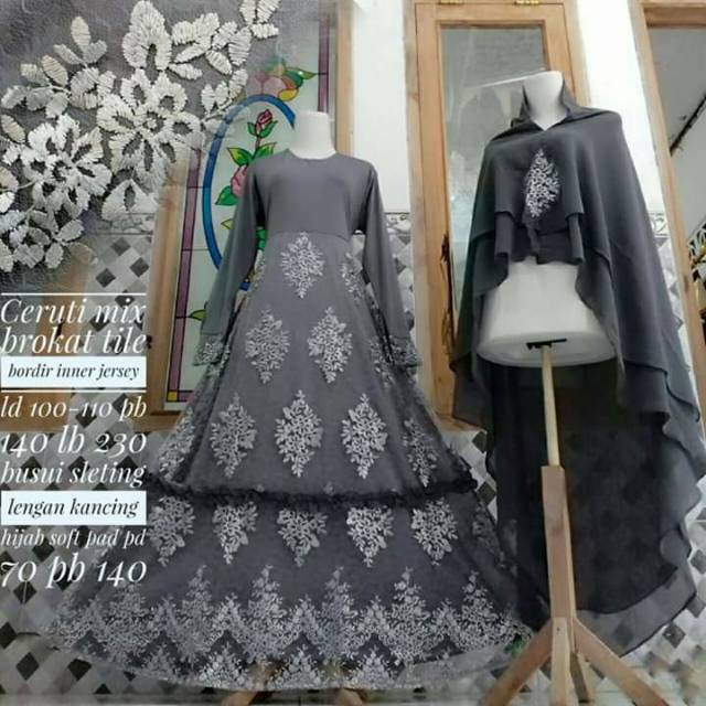 Setelan gamis burkat dan Jilbab ceruty model doble layer bahan inner jersey nyaman digunakan