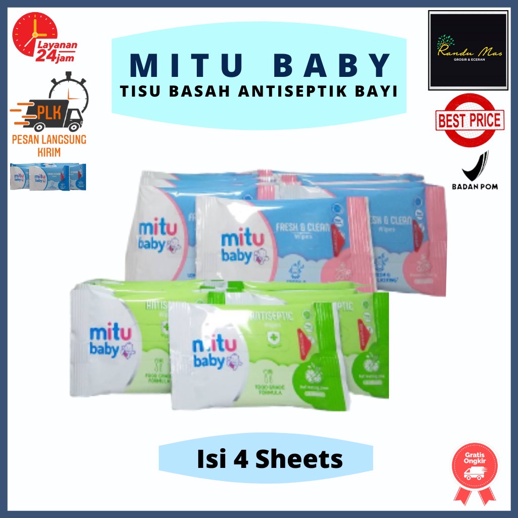 Mitu Baby Wipes Mini Pack Tissue Basah Anti Septic Bayi 1 Sachet Isi 4 Sheets Original