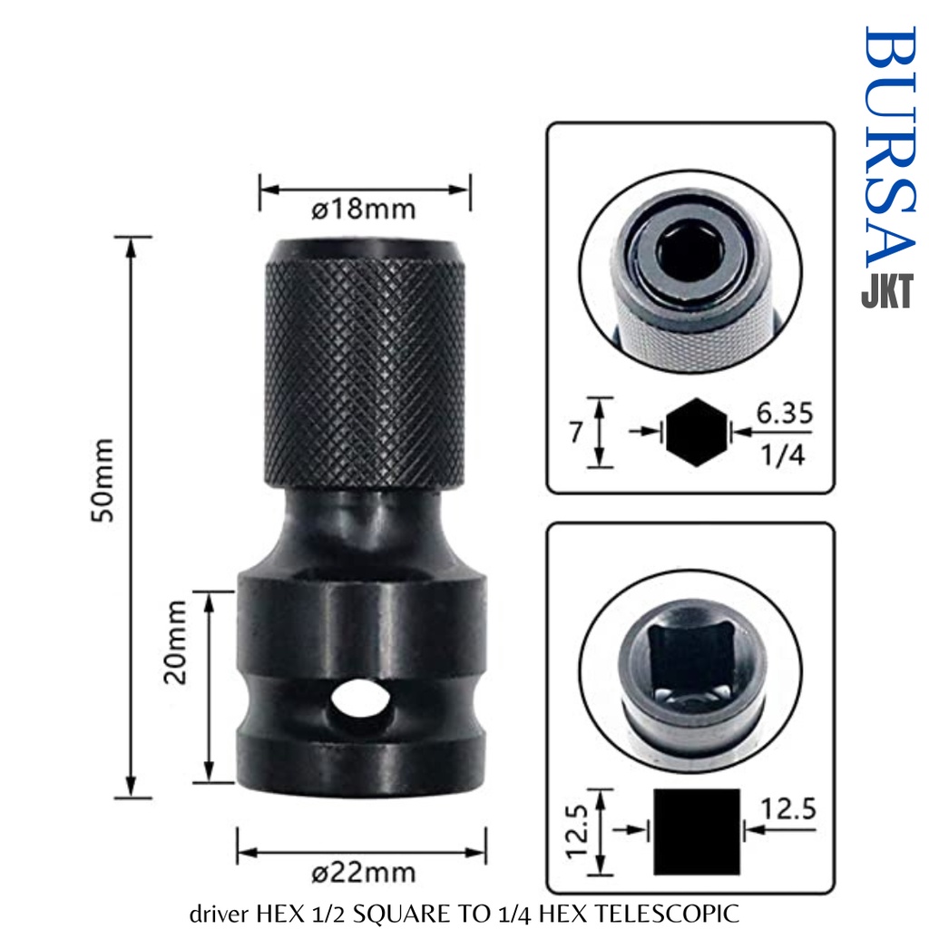 KONEKTOR DRIVER HEX SOCKET IMPACT WRENCH 1/2&quot; SQUARE TO 1/4&quot; HEX MAGNETIC TELESCOPIC