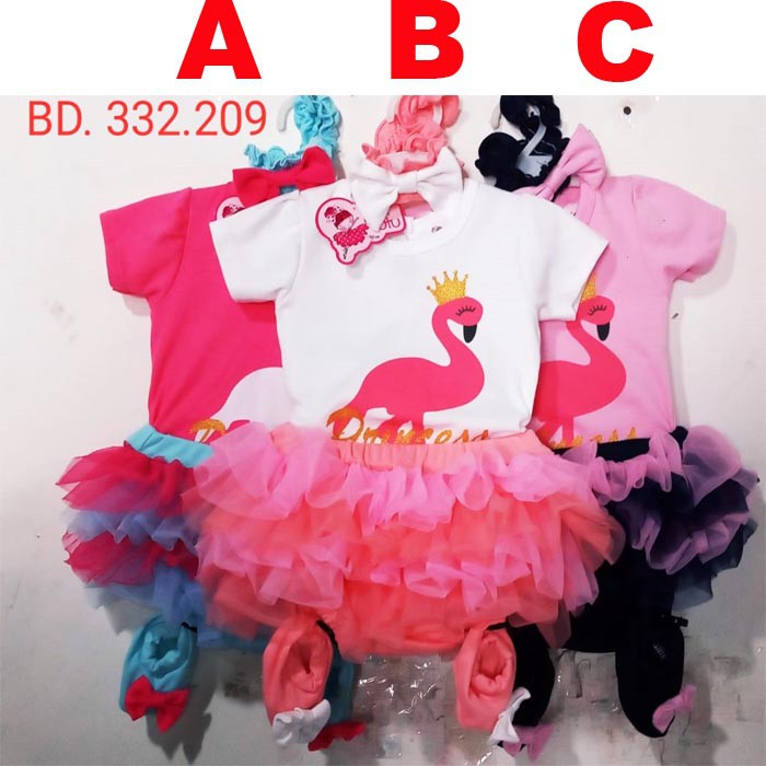 Baju Bayi Perempuan Setelan Jumper Rok Tutu Bayi Lucu Princess Flamingo