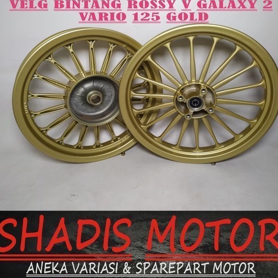 Velg Bintang Motor Merk Rossy Tipe V-Galaxy-2 Ukuran 185/215 Ring 14 Motor Vario 125 Warna Gold Velg