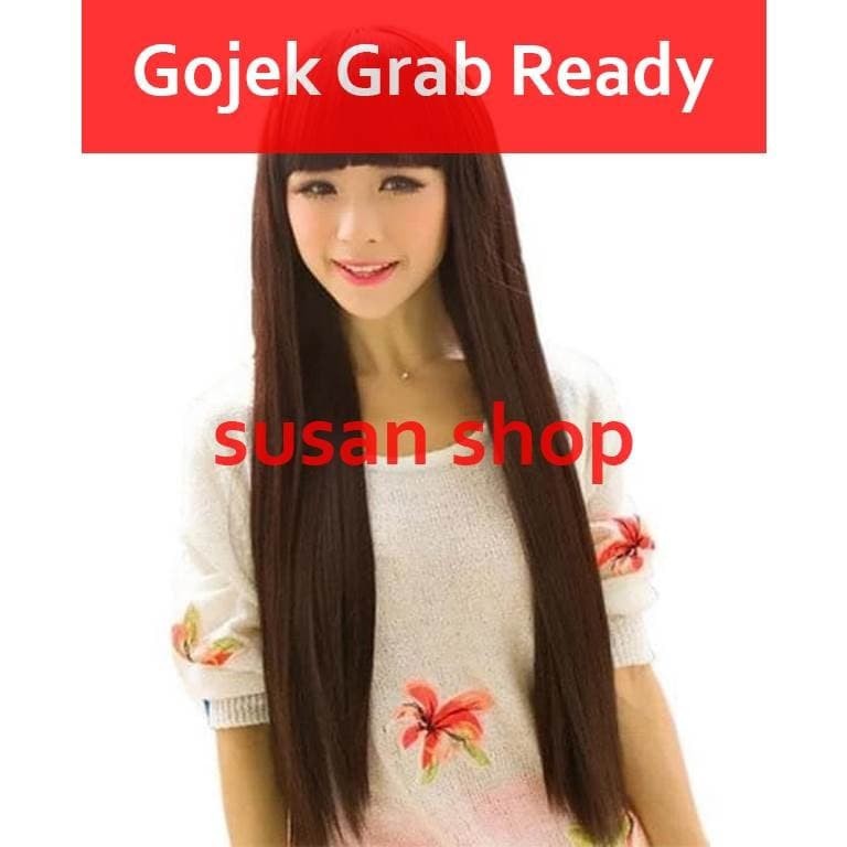 Wig elegan dark brown coklat tegak lurus 70cm berponi