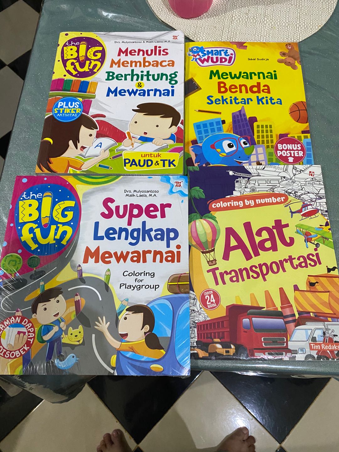 Buku Mewarnai pemandangan hewan benda sekitar Dinosaurus buah dan sayur alat transportasi