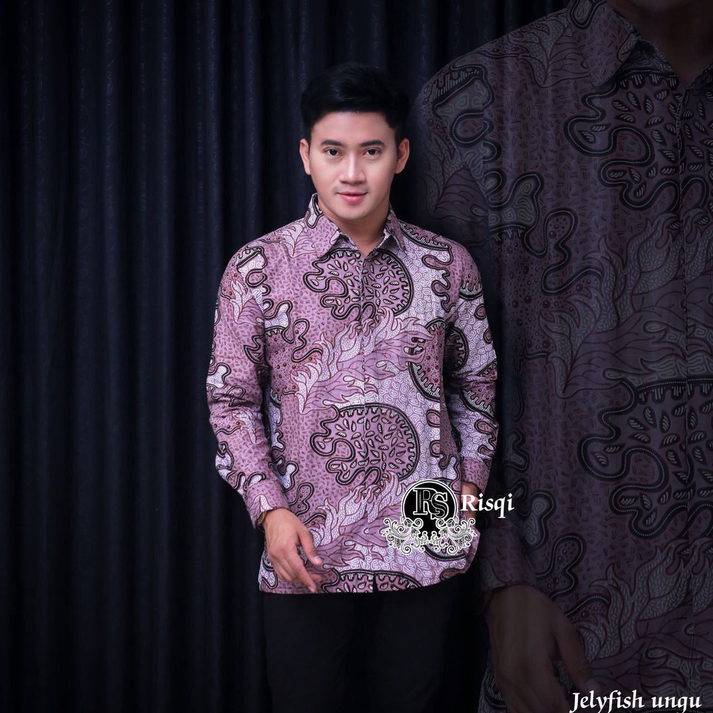 Batik Pria Lengan Panjang BATIK NAKULA HRB026 motif JELYFISH Kode 002 size M L XL XXL Reguler