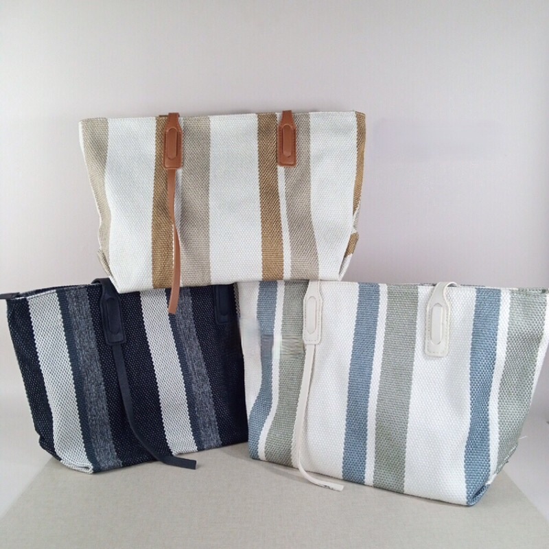 Tas jinjing Shoulder Bag Wanita Import Motif Garis Cantik - Tote Bag Canvas Premium - Tas Wanita Imp