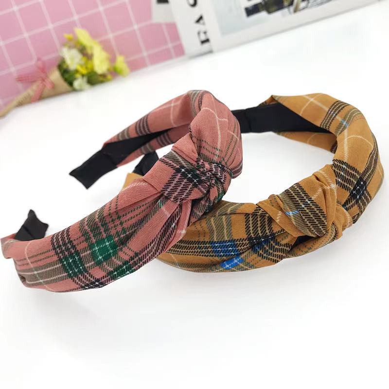 Bando Wanita Ala Korea Style Aksesoris Rambut Fashion Wanita Bandana Motif Kotak-Kotak Simpul Korean