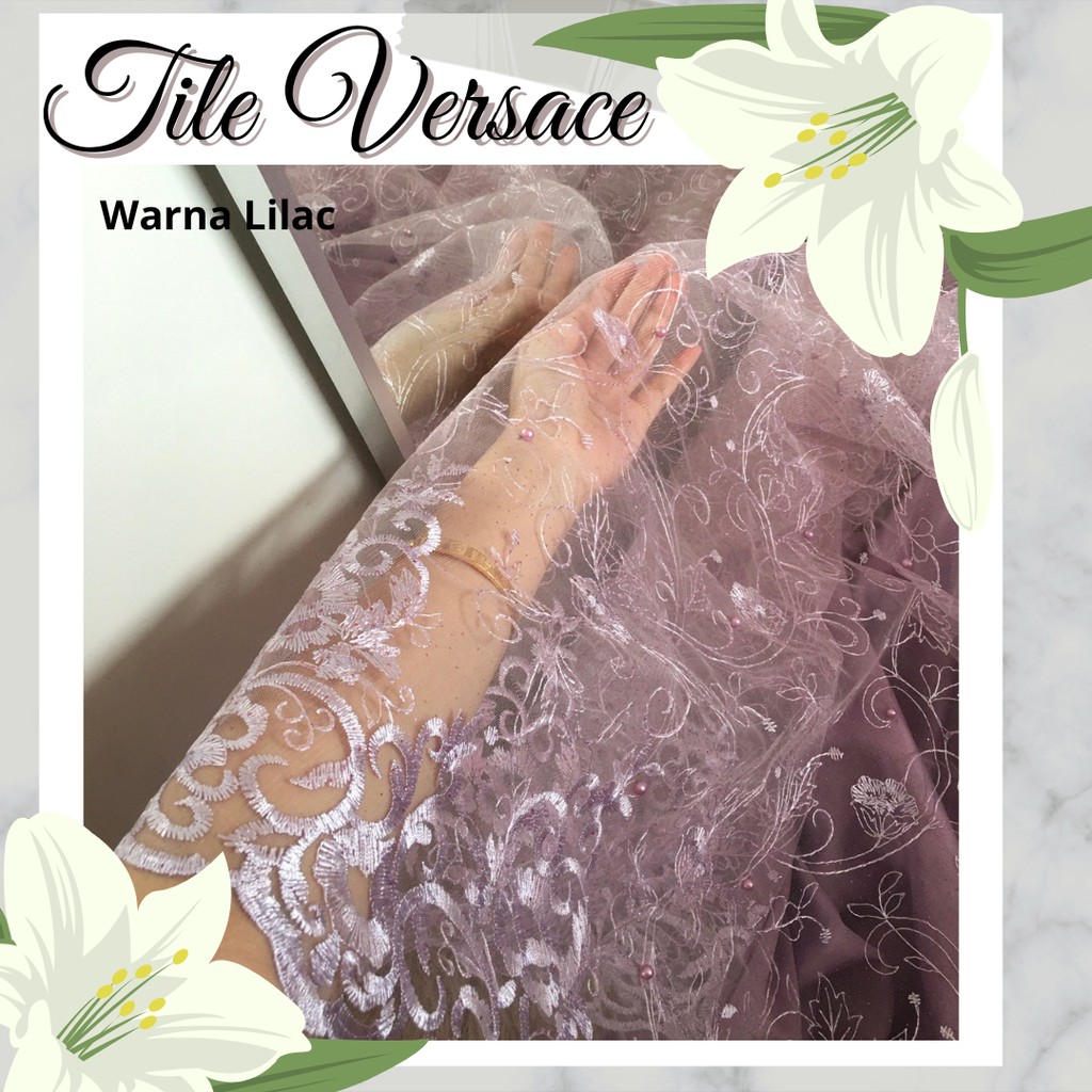 Kain Brukat Tile Mutiara Versace Bordir Warna Lilac