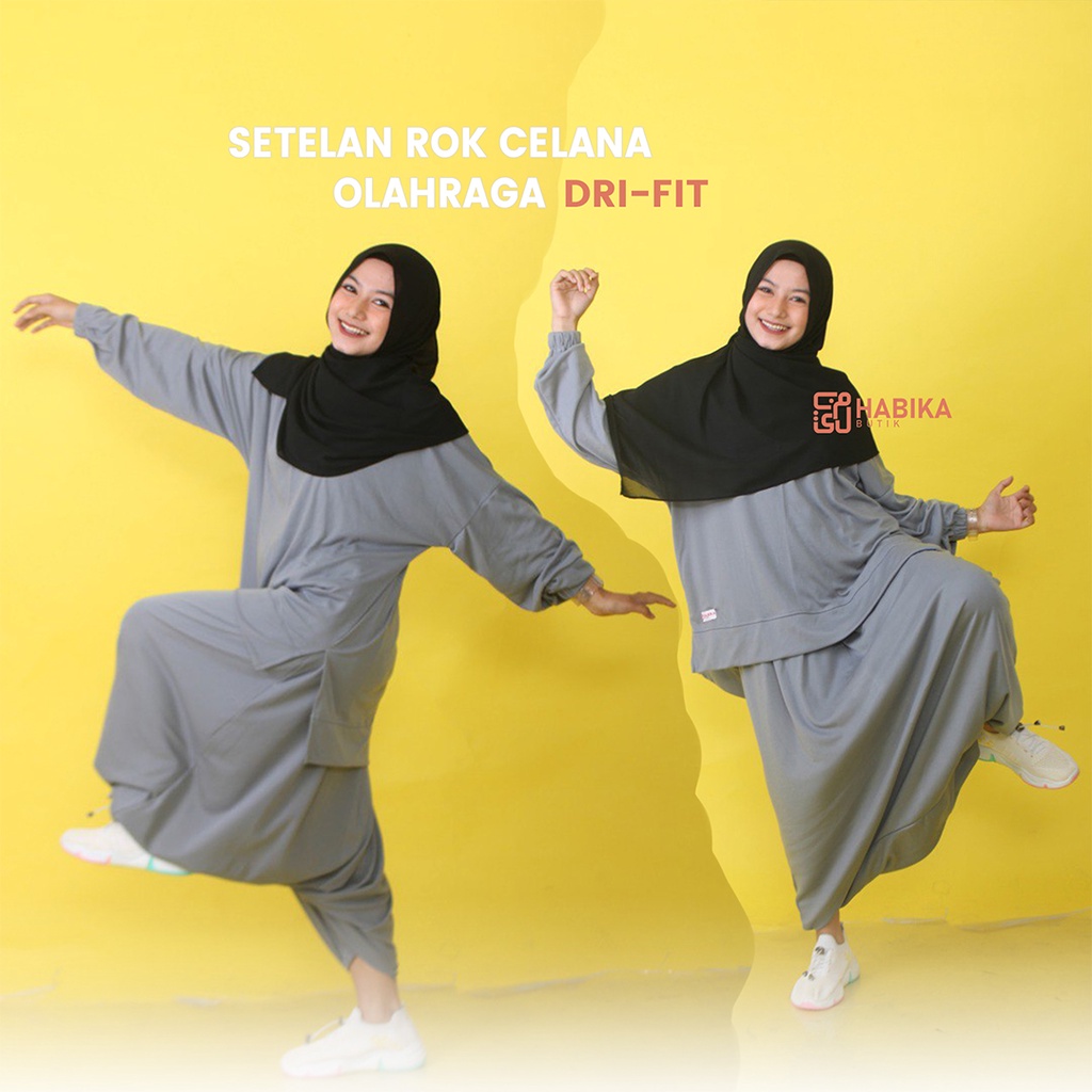 Setelan Olahraga Dri Fit Rok Celana sirwal dan Kaos bahan Jersey Dri Fit