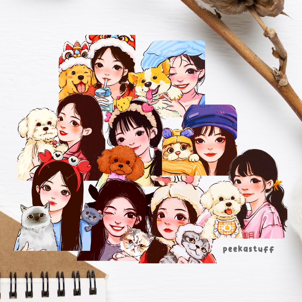 

[Peekastuff] (9 PCS) GIRL WITH PET * Sticker aesthetic dekorasi jurnal scrapbook