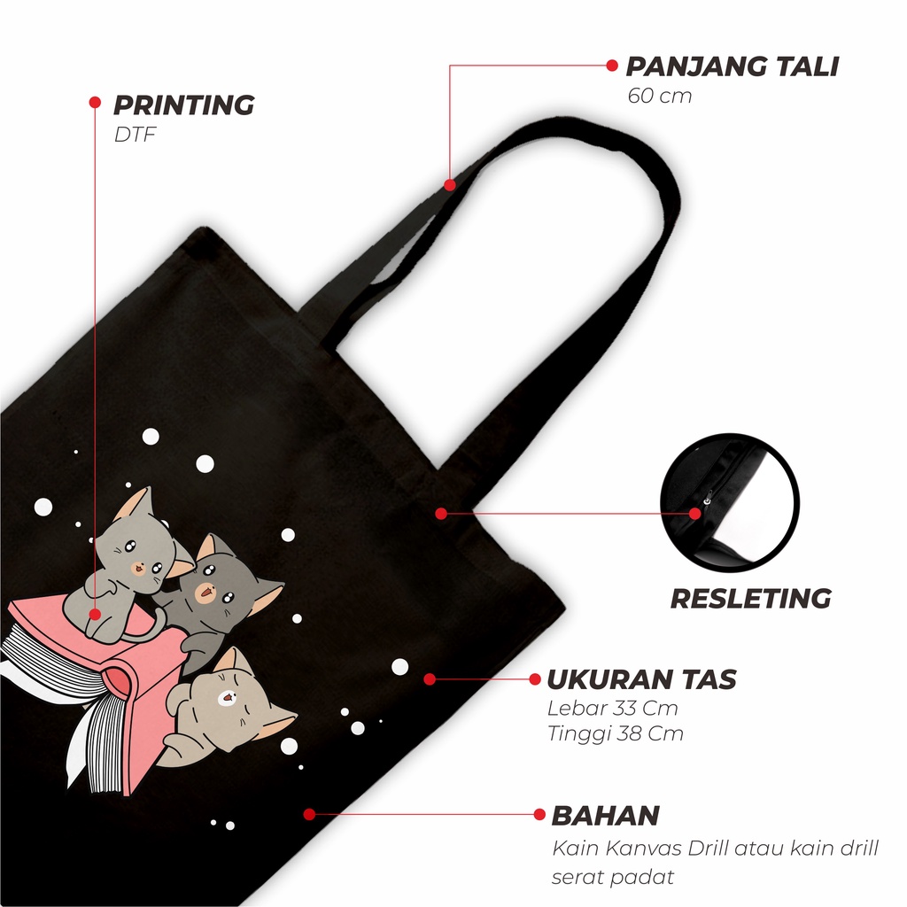 Sevine Totebag Tas Wanita Tote Bag Resleting Cute Cat Black Series - CSL1