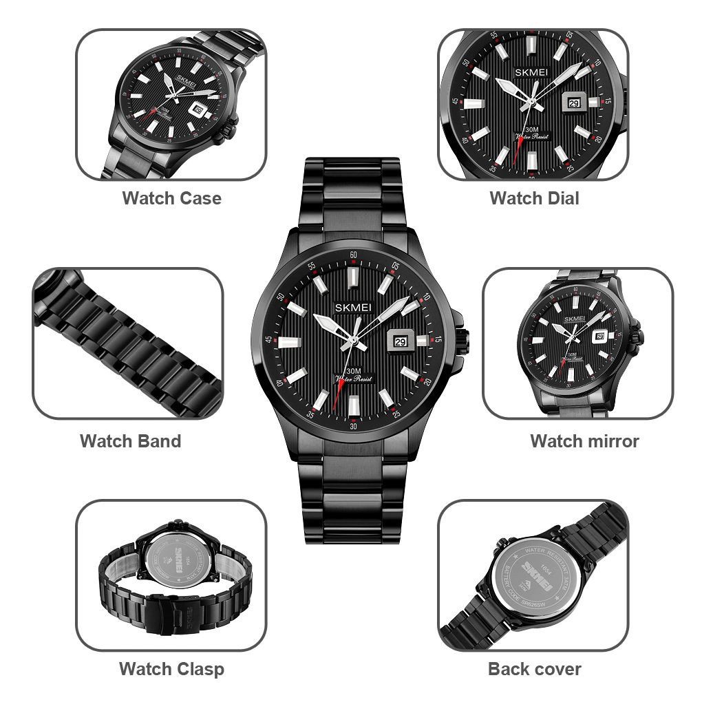 Jam Tangan Pria SKMEI 1654 Men's Stainless Steel Analog Tanggal Aktif Quartz Watch Free Box