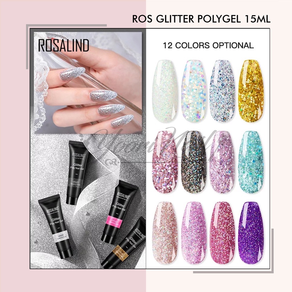 Rosalind glitter polygel 15ml extension nail art glitter polygel kuku