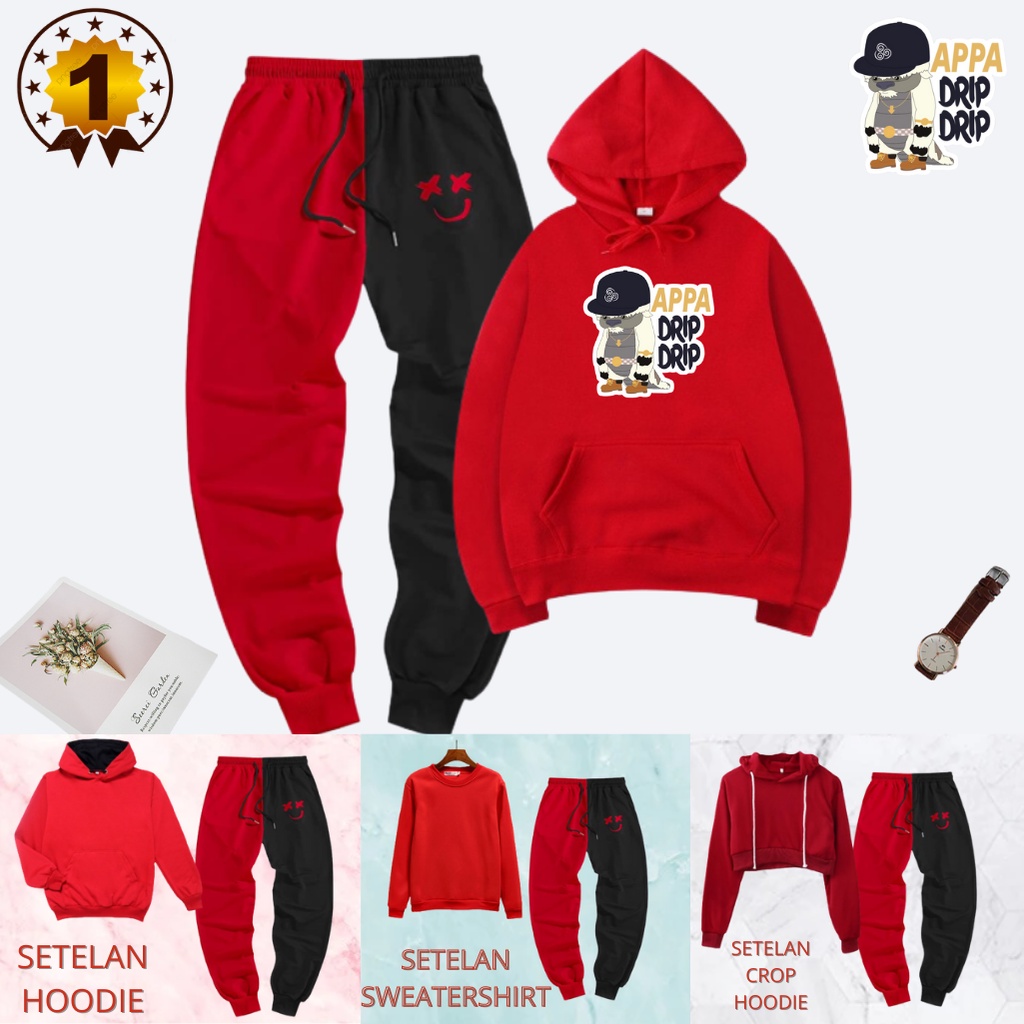 JBF Setelan Remaja Perempuan Kekinian Set Celana Jogger Dan Hoodie Motif Appa Drip Drip