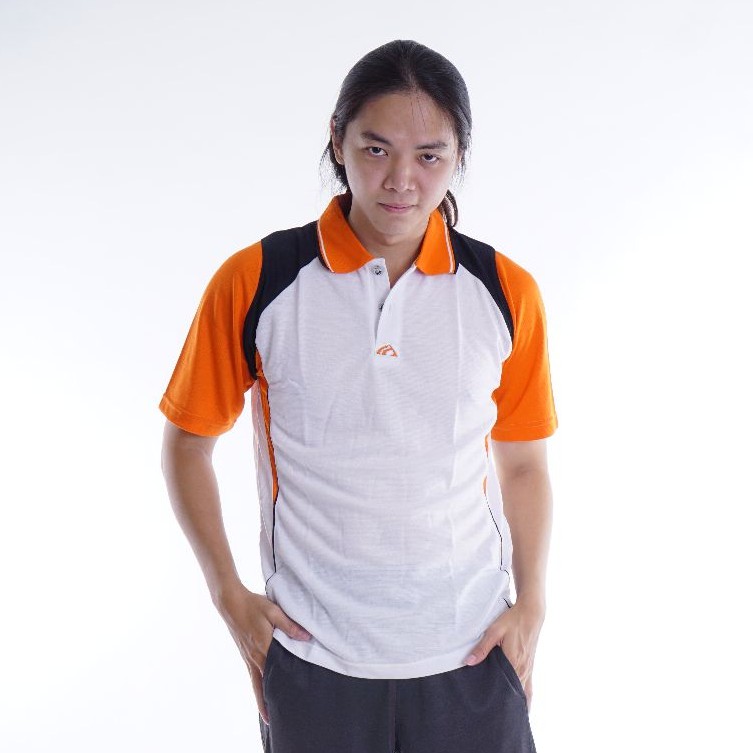 KAOS POLO BAJU OLAHRAGA WAFEL TAG 100% KOMBINASI PUTIH OREN HITAM BERNARD