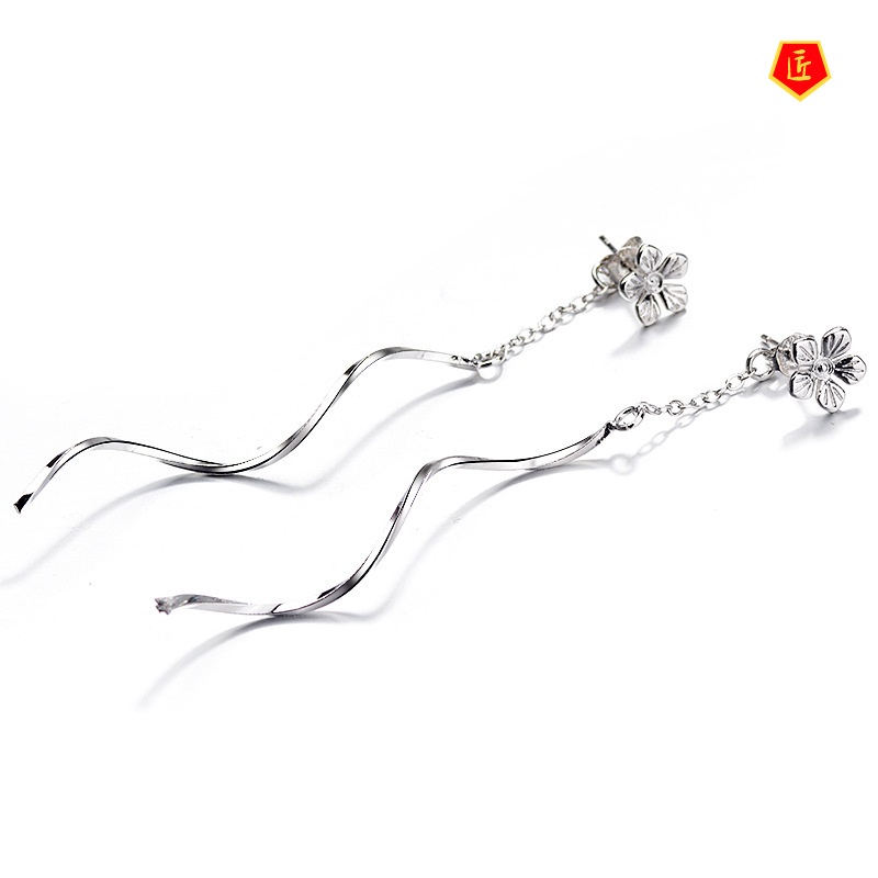 [Ready Stock]Fashion 925 Silver Long Wave Tassel Peach Blossom Studs