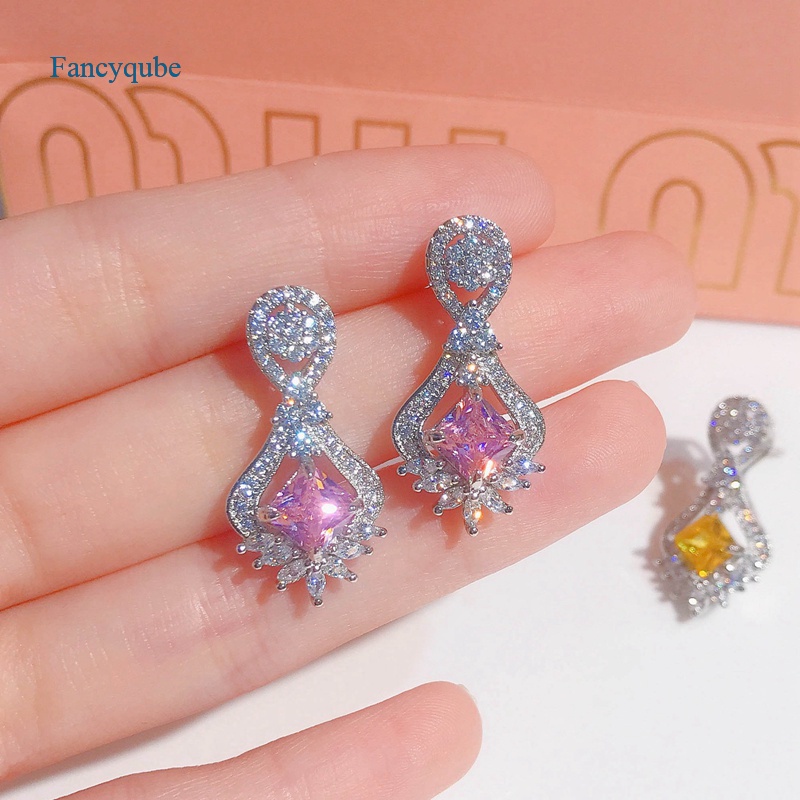 Fancyqube Anting Silver 925 Hias Kristal Zircon Warna Kuning Untuk Wanita