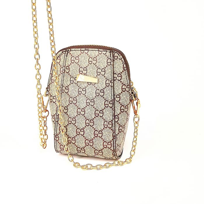 tas pesta /tas tali rantai emas monogram GC coklat clutch bag