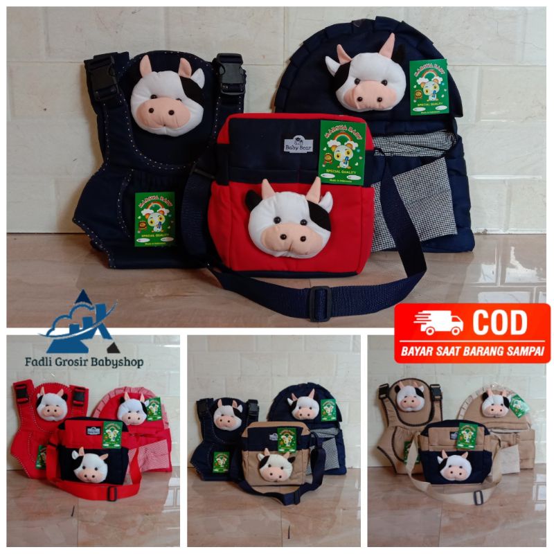 Paket Hemat ( 3 in 1 ) Tas Bayi Boneka Sapi Gendongan Bayi Boneka Sapi Dan Gendongan Bayi Depan Ransel