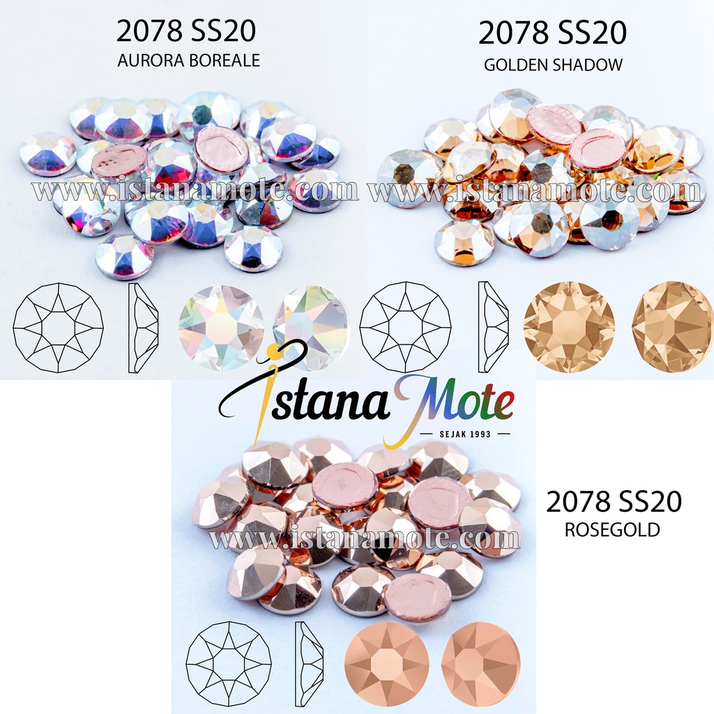 Flatback Hotfix kristal tempel Swarovski 2078-ss20-AB / GS / RoseGold ASLI ORIGINAL