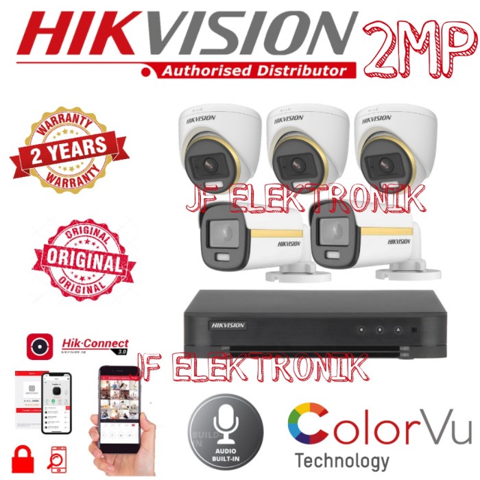 PAKET CCTV HIKVISION 8 CHANNEL 5 KAMERA 2MP COLORVU BUILT IN AUDIO