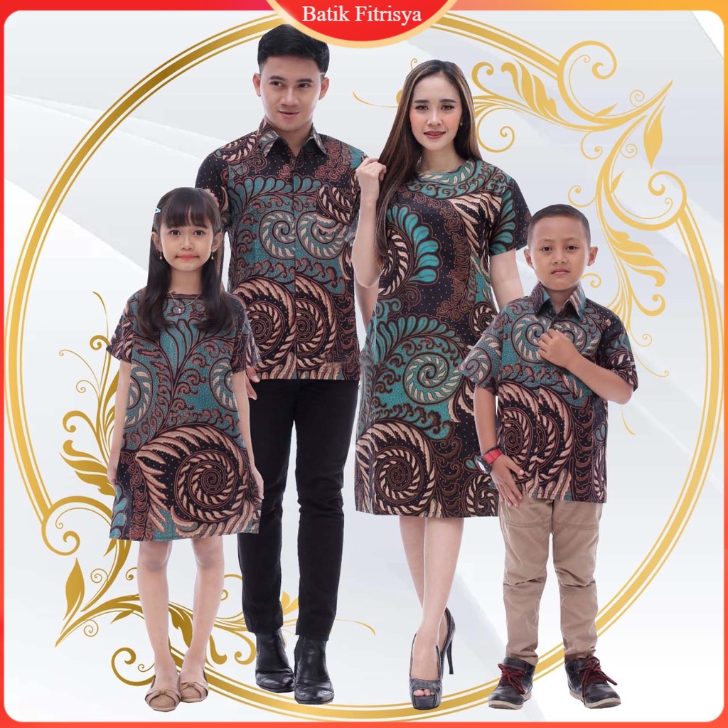Set Batik Keluarga - Batik Keluarga Natal - Ibu Bapak Anak - Motif Puser Hijau Tosca - Dress Tunik B