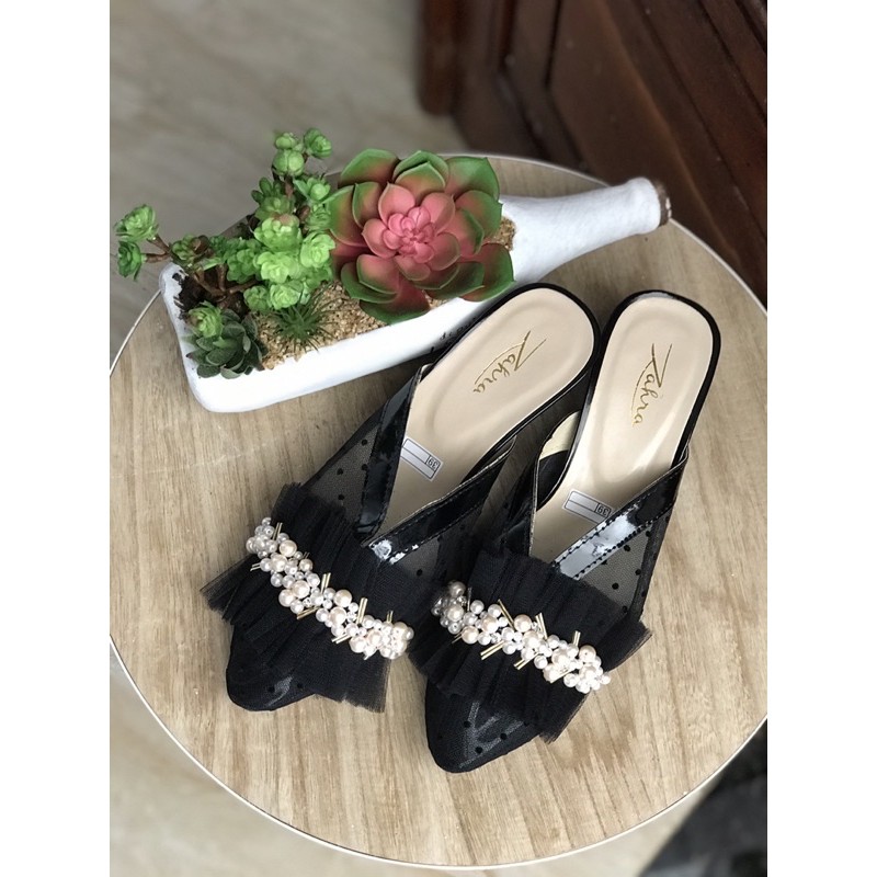 Termurah!!! Sendal hak tile hitam 5cm mewah / wedding shoes / sepatu pengantin / sepatu brukat / sepatu payet / sandal pesta