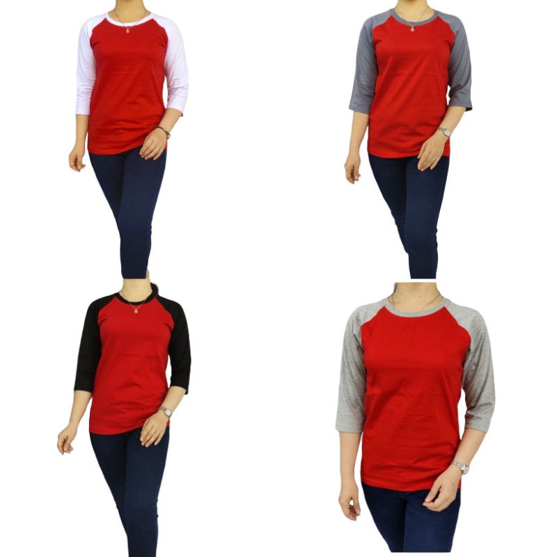 Kaos Polos Raglan Lengan 3/4 Pria Wanita Dewasa Warna Merah