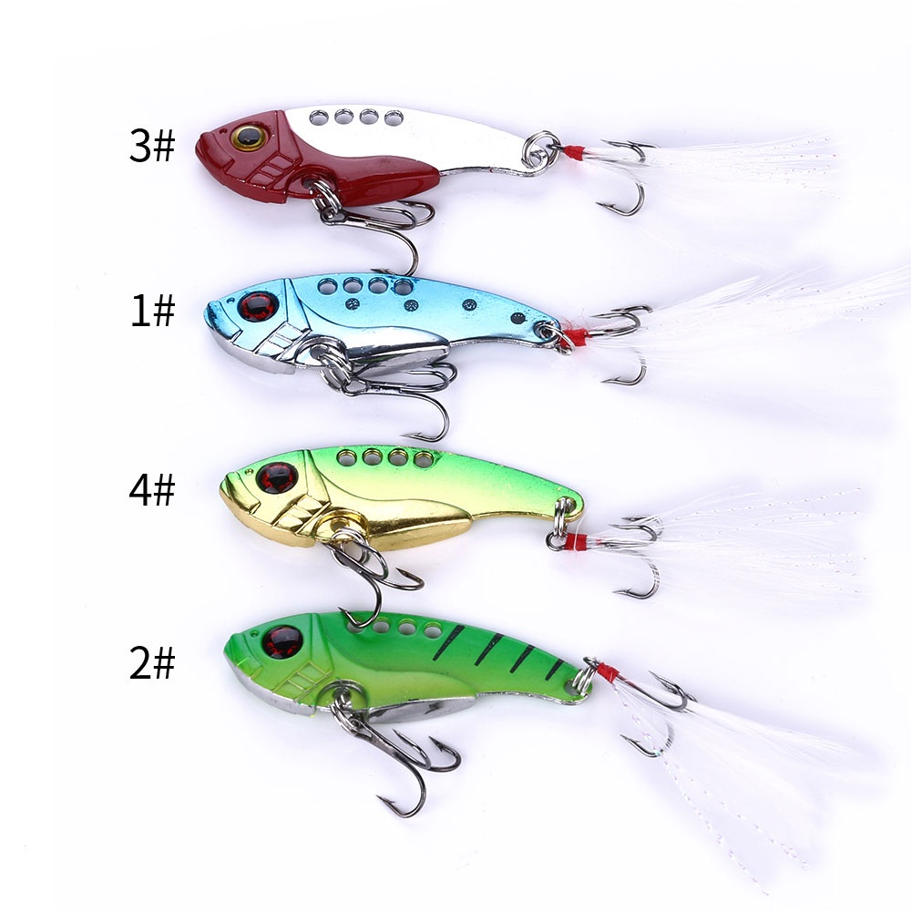 HENGJIA 4PCS Metal VIB Sequins Lure 5.5cm 11g 3D Eyes Umpan Spoon Spinner Blade Fishing Lure Hard Bait Fishing Tackle with Hook