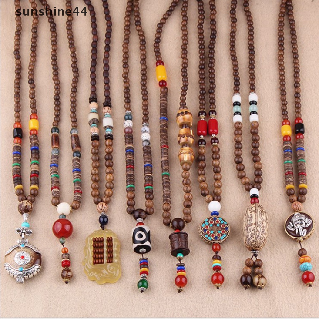 Sunshine 1pc Kalung Rantai Manik Kayu Panjang Gaya Etnik Vintage Untuk Wanita  .